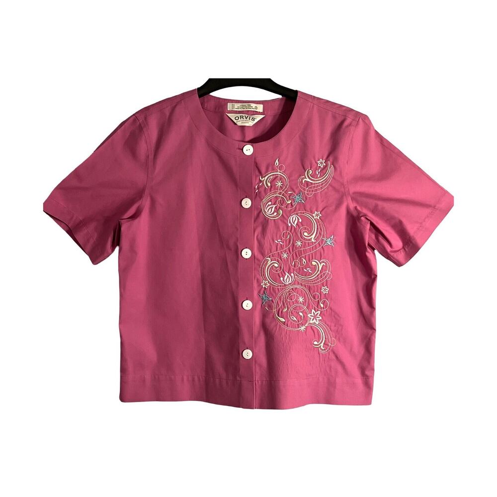 Orvis Top Womens Size Small Pink Floral Embroidered Short Sleeve Button Up EUC